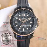 Perfect replica of Omega Seamaster Swiss movement rose gold bezel black watch 